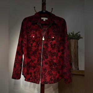 MICHAEL KORS Women's Full Zip Blouse RED Lace Print Size L